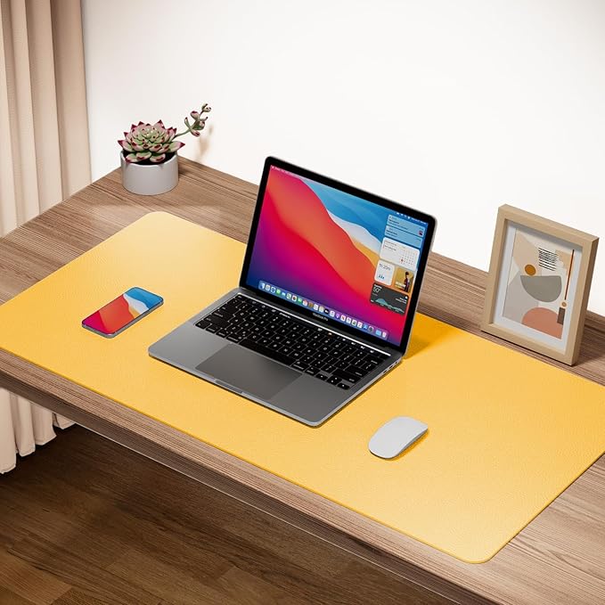 Boutilon Leather Desk Pad Protector,Non-Slip Mouse Pad,Laptop Desk Pad,Office Mouse Mat,Waterproof Leather Desk Blotter,Desk Writing Pad for Office and Home (L-Yellow,35"x 17")