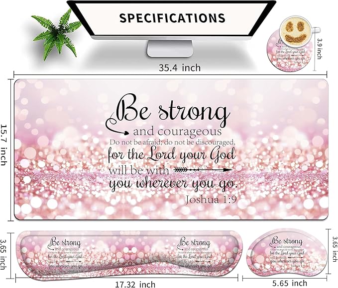 Large Gaming Mouse Pad Set 35.4 x 15.7 with Keyboard Wrist Rest, Wrist Support, and Coaster Memory Foam Smooth Desk Pad Mousepad for Home Office School - Quote Bible
