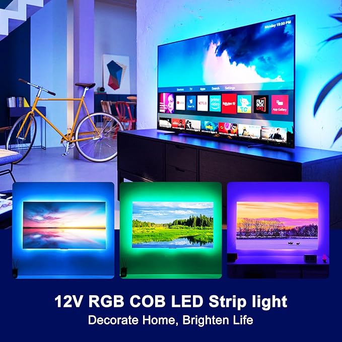Pandery RGB COB LED Strip Light with Remote and app Control,Music Synchronized Color Change 24V RGB led Strip,6.56FT/2M,10mm Wide,Indoor RGB Lights for Bedroom,Game Room,Bar,Party