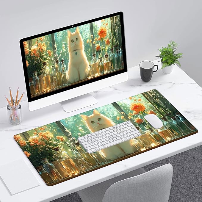 Cute Kawaii White Cat Desk Mat Green Plant Leaves Anime Extended Gaming Mouse Pad Mat with Stitched Edge Non-Slip Base Big Mouse Pad 31.5"x11.8" Office Computer Keyboard Laptop Home