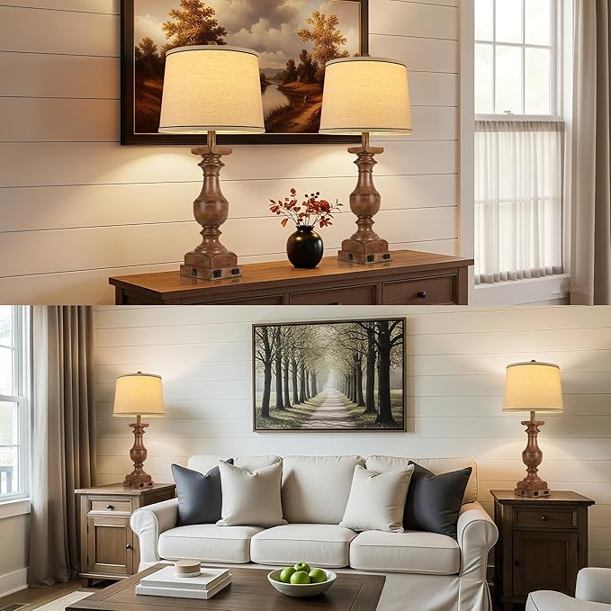 WIHTU Wood Grain Color Table Lamps, 28'' Resin Desk Lamp for Bedroom, Nightstand Lamps Set of 2, Farmhouse Bedside Lamps with Linen Shades, Rocker Switch, Table Lamps with USB A+C Port, Bulb Included