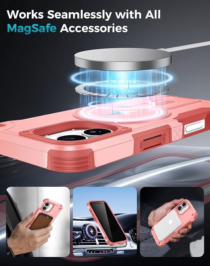 Goton for iPhone 16 Case with Privacy Tempered Glass Screen Protector & Camera Lens Protector, Compatible with MagSafe, Invisible Kickstand, Shockproof Phone Cover for iPhone16, Pink