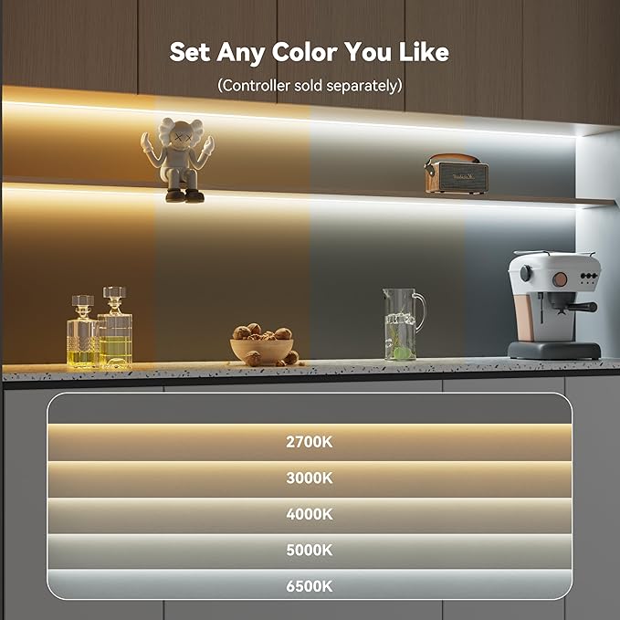 PAUTIX COB LED Strip Light White CCT Tunable 6400LEDs,CRI90+ 32.8ft/10m Dimmable 2700K-6500K 24V LED Tape Light,for Under Cabinet Bedroom Kitchen TV Mirror DIY Lighting(Adapter & Dimmer NOT Included)