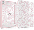 TWOLSKOO Case for iPad Pro 11-inch (M5 2025 / M4 2024), Clear Acrylic Back with TPU Bumper, Pencil Holder, Trifold Stand, Auto Sleep/Wake, Pink Bows