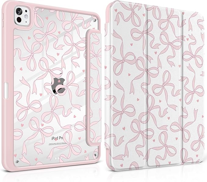 TWOLSKOO Case for iPad Pro 11-inch (M5 2025 / M4 2024), Clear Acrylic Back with TPU Bumper, Pencil Holder, Trifold Stand, Auto Sleep/Wake, Pink Bows