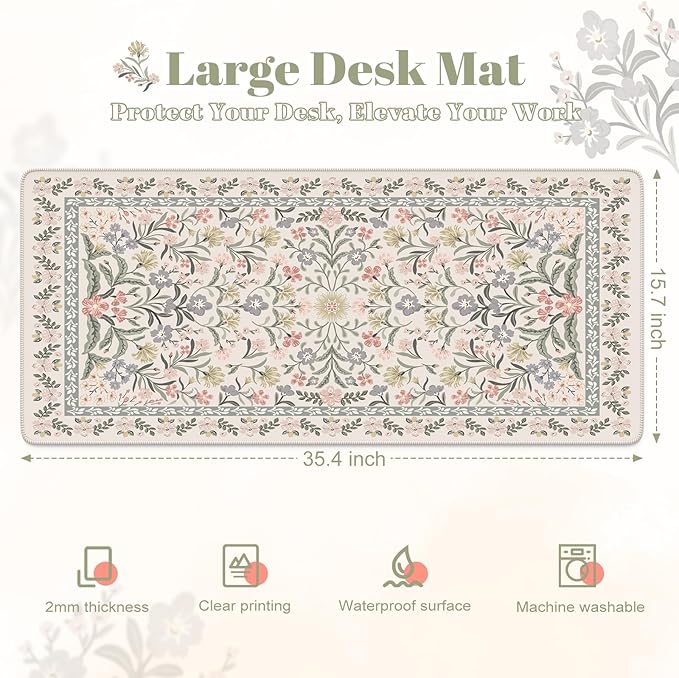 HAOCOO Vintage Floral Desk Mat, Boho Botanical Mouse Pad with Non-Slip Base, XXL Large Keyboard Mat for Office & Home (Grey)