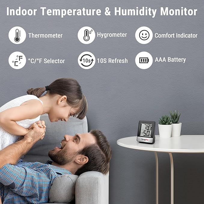TempPro TP49 3 Pieces Digital Hygrometer Indoor Thermometer Humidity Meter Mini Hygrometer Thermometer with Temperature and Humidity Monitor Room, Black (Previously ThermoPro)