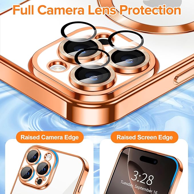 Hython Magnetic Clear for iPhone 16 Pro Max Case with Camera Lens Protector [Compatible with MagSafe] Plating Edge Slim Soft TPU Cover Protective Phone Case for iPhone 16 Pro Max 6.9", Orange