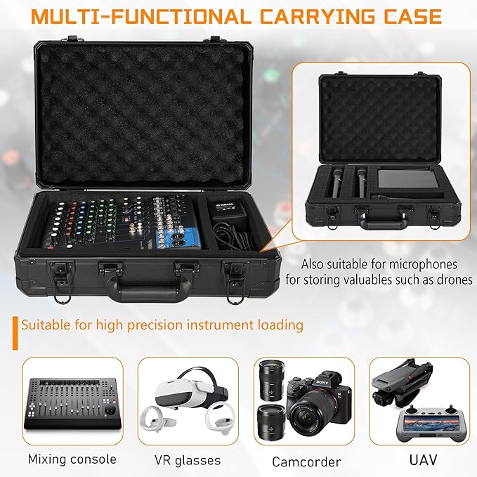 17 Inch Aluminum Carrying Case 17 X 12 X 6 Inch Ideal for Microphone & Camera Gear Transportation, DJ Mixer Case with Customizable Pre-Diced Foam, Black