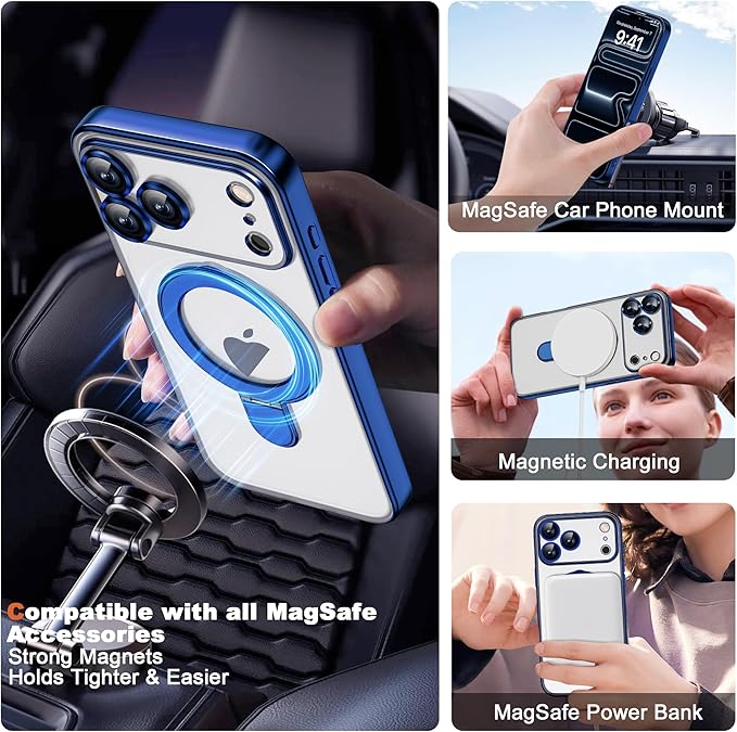 Compatible with iPhone 17 Pro Max Case with Magnetic Ring Stand [Compatible with Mag-Safe] [Full Camera Lens Protector] Plating Clear Phone Case for iPhone 17 Pro Max 6.9", Blue