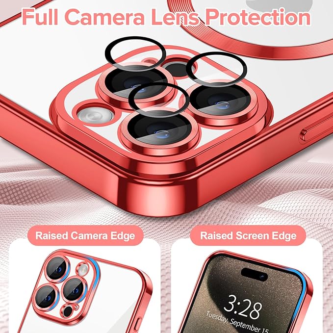 Hython Magnetic Clear for iPhone 15 Pro Max Case with Camera Lens Protector [Compatible with MagSafe] Plating Edge Slim Soft TPU Cover Protective Phone Case for iPhone 15 Pro Max 6.7", Red