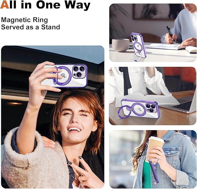 Compatible with iPhone 13 Pro Case with Invisible Magnetic Ring Stand [Compatible with Mag-Safe] [Full Camera Lens Protector] Plating Clear Phone Case for iPhone 13 Pro 6.1", Purple