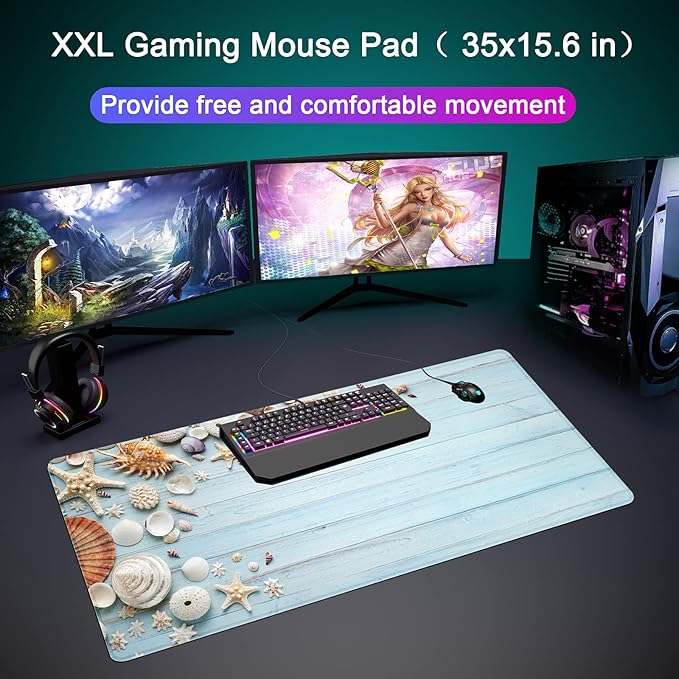 Desk Mat,Large Mouse Pad 35''×15.6'' XXL Extended Gaming Mouse Pad Mat with Non-Slip Base Stitched Eges Mousepad for Computer,Office,Keyboard and Laptop - Sea Shell