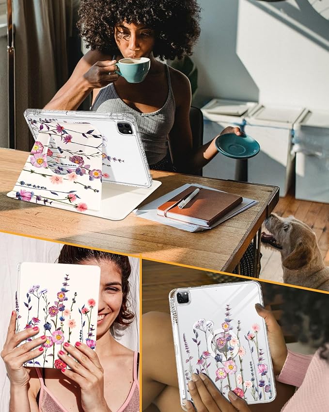 Shorogyt for iPad Air 13 Inch (M4) 2026/ M3 2025 & M2 2024 /for i Pad Pro 12.9 inch (3/4/5/6th Gen) for Magnetic Stand for Women - Cute 360 Rotating Covers Girls with Pencil Holder, Color Flower
