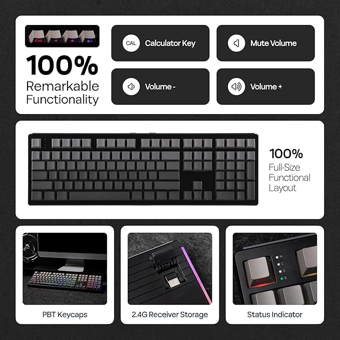 MechLands EPOMAKER TH108 Full Size Mechanical Keyboard, Wireless Gaming Keyboard, 8000mAh Battery, Creamy Gasket, 108 Keys, Hot Swap, Custom Driver, RGB Backlights (Black, Sea Salt Silent Switch)