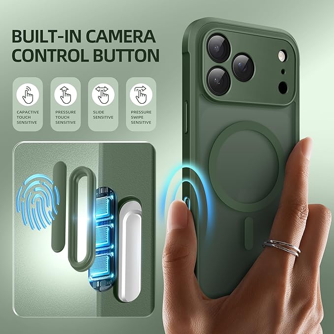 BERFY for iPhone 17 Pro Case, Compatible with MagSafe, Built-in Glass Screen Protector, Camera Protection, Shockproof Full Body Phone case 6.3", Translucent Deep Green