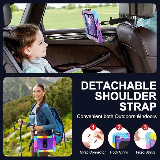 for iPad 6th Generation/iPad 5th Gen/iPad Air 2/iPad Pro 9.7" Case with Cute Key Chain, Rugged Protective Case with Rotating Stand & Shoulder Hand Strap for iPad 6th/5th/ Air 2 (Rainbow Purple)