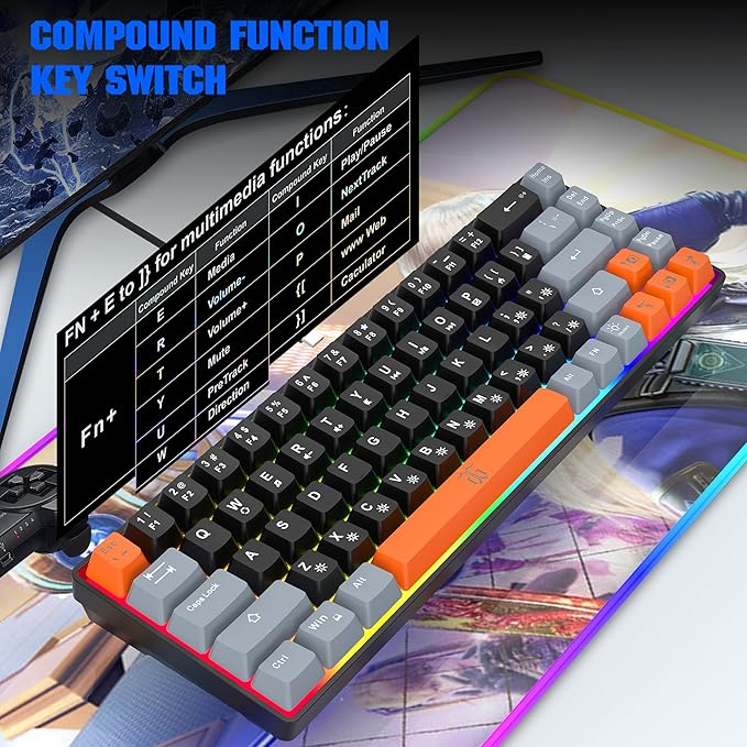 Snpurdiri 60% Percent Gaming Keyboard, Compact RGB Backlit Small Gaming Keyboard for Windows, PC, Laptop (68 Keys, Black-Grey-Orange)