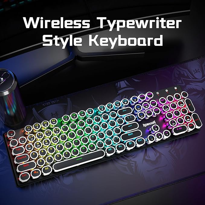 Redragon Wireless Typewriter Style Mechanical Gaming Keyboard, Bluetooth/2.4Ghz/Wired, RGB Backlit, Rechargeable, Blue Switch - Clicky, Metal Panel, Round Keycaps, Black