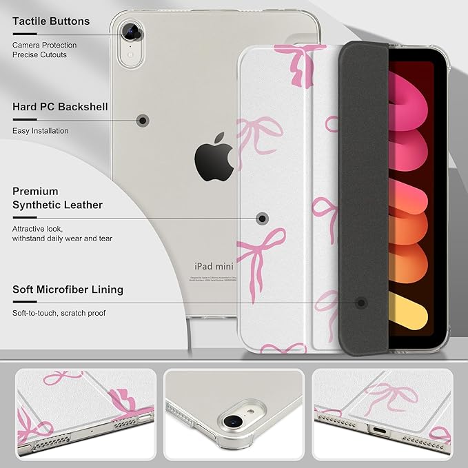 DONGKE for iPad mini 7 (A17 Pro) 2024 & iPad mini 6 2021 8.3 Inch, Slim Foldable Stand Hard PC Translucent Back Shell Smart Cover for iPad mini 7th/6th Generation [Auto Wake/Sleep] - Pink Bows