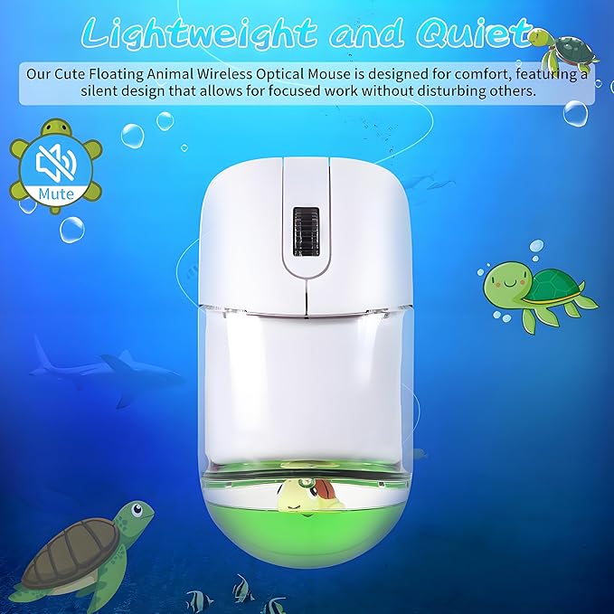 Wireless Mouse -Cute Clear Aqua Design, Water Mouse with Optical Precision, Silent Clicks, Lightweight & Floating Animal Transparent Retro Style for Home Office, Great for Kids & Adult(Turtle-Green)