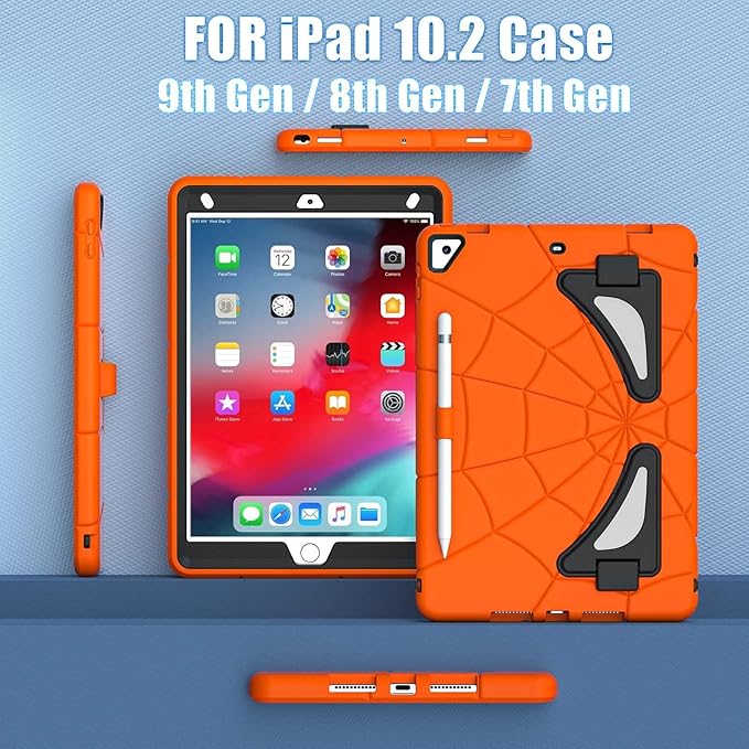 AKABEILA Compatible with Apple iPad 10.2 7th 8th 9th(2019/2020/2021) Tablet Case，Lightweight Shockproof Rugged Protective Cover with Kickstand for Kids Children Boys Babies Orange Black