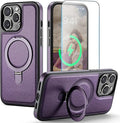 Compatible with iPhone 15 Pro Case with Stand, Compatible with MagSafe, Slim PU Leather & Durable TPU Protective Cover Drop-Proof with Tempered Glass Screen Protector 6.1", Purple