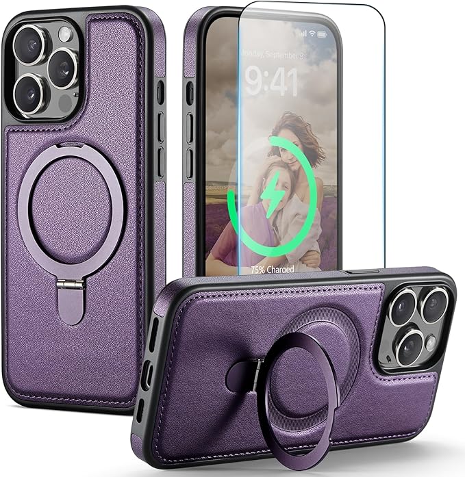 Compatible with iPhone 15 Pro Case with Stand, Compatible with MagSafe, Slim PU Leather & Durable TPU Protective Cover Drop-Proof with Tempered Glass Screen Protector 6.1", Purple