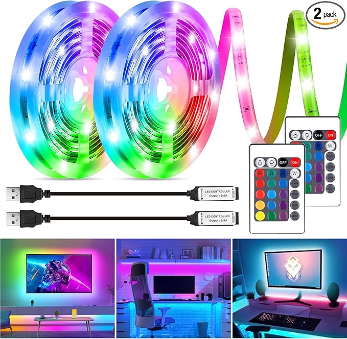 LED Strip Lights Kit, 2x6.56Ft RGB LED Lights Strip for 40-60in TV LED Backlight, Color Changing Strip Light Waterproof IP65 with Remote, USB TV Lights Bias Lighting for Home PC Monitor Desk
