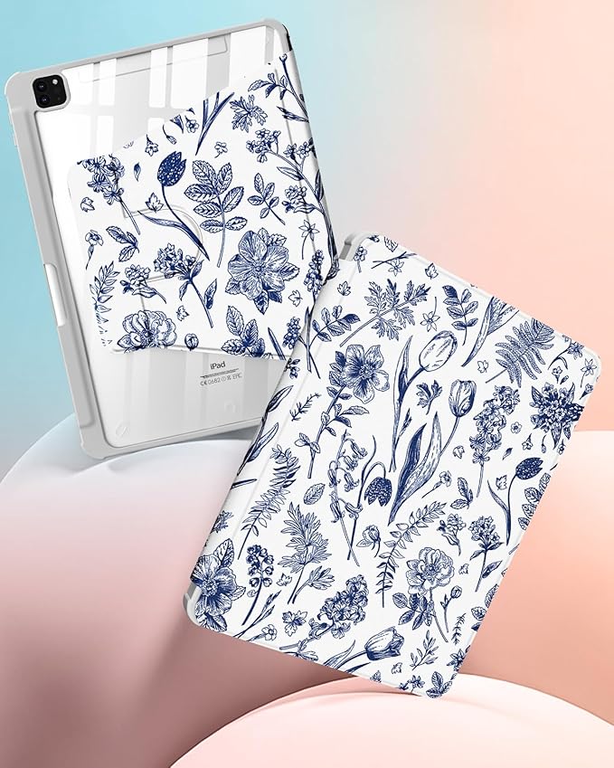 Uppuppy for iPad Pro 12.9 Case Folio Cover with Pencil Holder Girls Women Cute Girly Teens Blue Flower Pretty Kawaii Floral Rotating Stand for Apple iPad Pro 12.9 Inch Cases 2022/2021/2020/2018