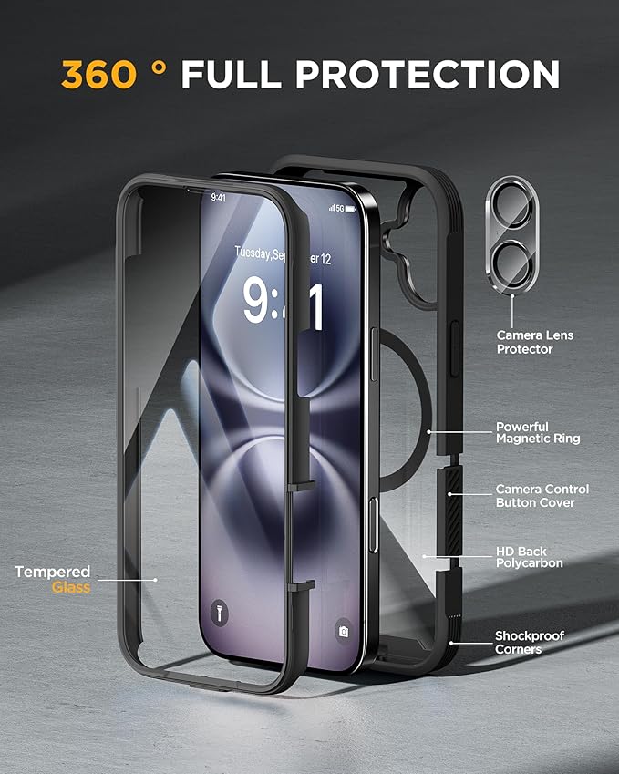 Miracase Magnetic for iPhone 16 Plus Case Full-Body Phone with Built-in Glass Screen Protector, [Compatible with MagSafe] Military Drop Proof 16 Plus Cover Bumper 6.7 inch, Black