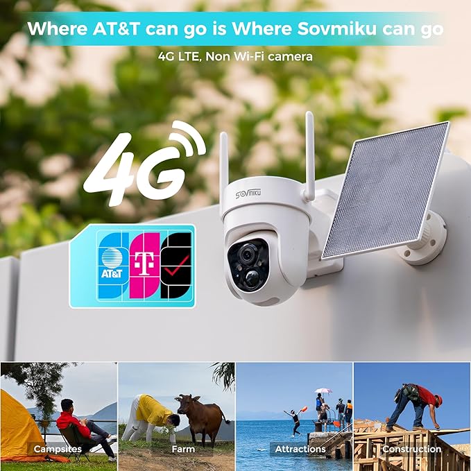 Sovmiku CQ3 4G LTE Cellular Security Camera Wireless Outdoor, $14.9/Month for Unlimited Data, Easy to Setup, IP65 Waterproof, No Wi-Fi Surveillance Cam Two Way Audio, Color Night Vision, 32GB Included