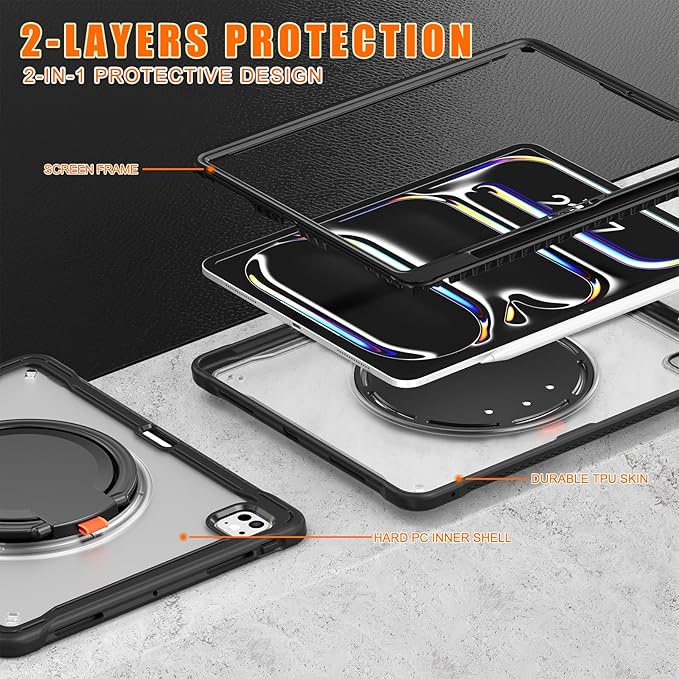 Batianda for iPad Pro 13 inch Case 2025 M5 2024 M4 Chip Lightweight Dual-Layer Protective Tablet Cover, Durable Shock-Absorbing Corners with 360° Rotating Kickstand Ring Built-in Pen Slot, Black