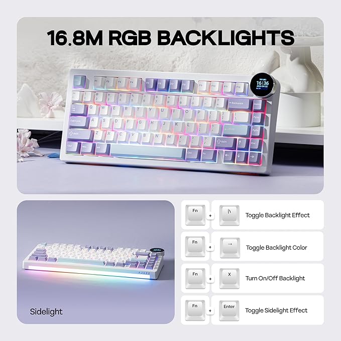 MechLands AJAZZ AK820V2 75% Wireless Gaming Keyboard with 0.9” TFT Display Screen & Knob, Gasket Mechanical Creamy Keyboard with 10000mAh Battery, Hot Swappable, RGB for Win/Mac (White Purple)