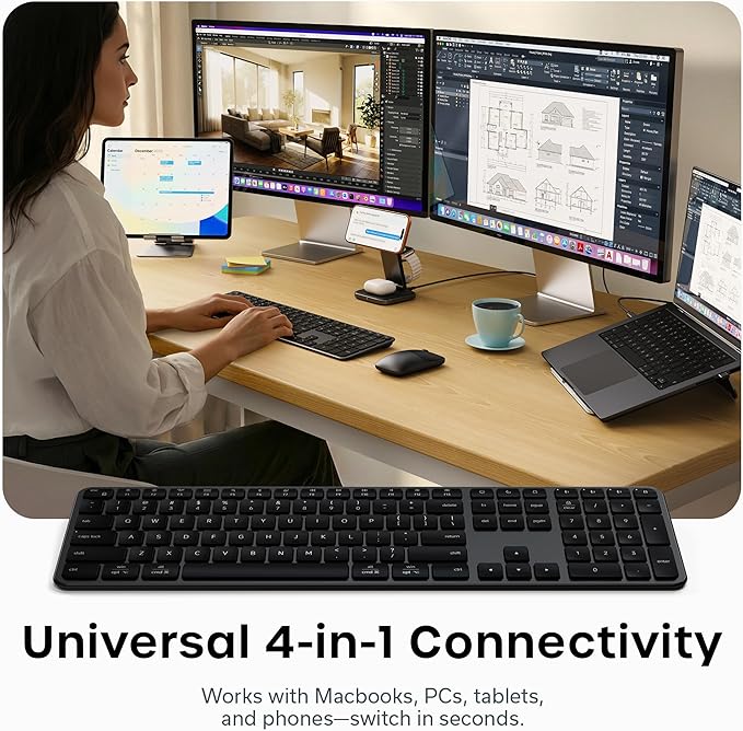 Satechi Slim EX3 Wireless Keyboard, Full-Size Keyboard w/Numpad, Multi-Device Bluetooth, 2.4GHz Connection for macOS, Windows, Android, Instant OS Key Remap,USB-C Rechargeable Battery, Space Black