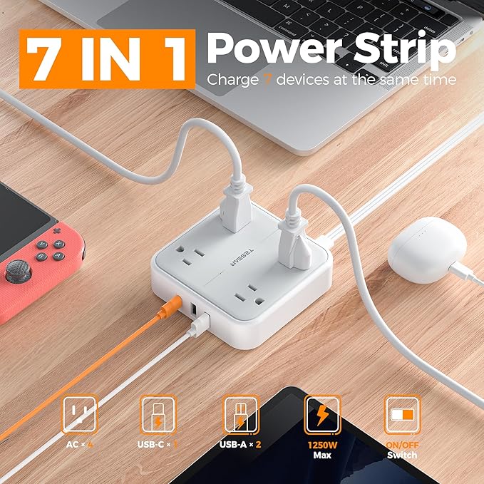 TESSAN Surge Protector Flat Extension Cord 5Ft, Ring Plug Power Strip with 4 Outlets 3 USB Ports (1 USB C), 900 Joules Protection, Multiple Wall Outlet Extender Suitable for Home Office Dorm, Grey