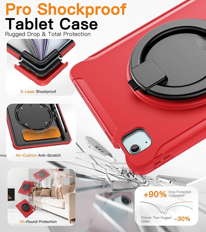 BATYUE Shockproof Case for iPad Air 11" M2/M3/M4, Air 4/5 10.9", iPad Pro 11" 1st-4th Gen 2018-2022 | 360° Multi-Angle Stand (Portrait & Landscape) & Grip, Built-in Pencil Holder, Red