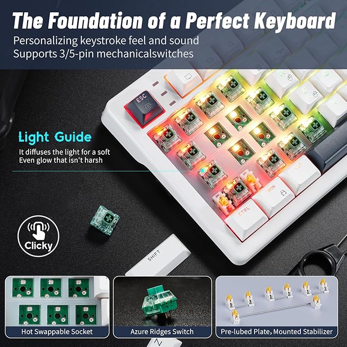 Wireless Mechanical Keyboard with Wrist Rest, Hot Swappable Custom Keyboard with Knob, RGB Backlit, Pre-lubed Clicky Switches, 2.4GHz/USB-C/BT5.0 Mechanical Gaming Keyboards for Win/Mac (White)