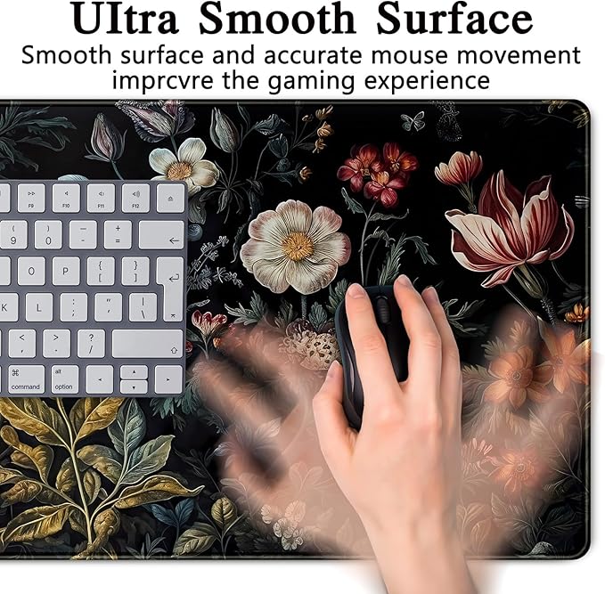 Floral Desk Mat Dark Vintage Aesthetic Desk Pad Flower Plant Black Extended Mouse Pad Large Gaming Mousepad XXL Laptop Computer Mouse Keyboard Mat 31.5 x 15.7 in for Office Desk Decor