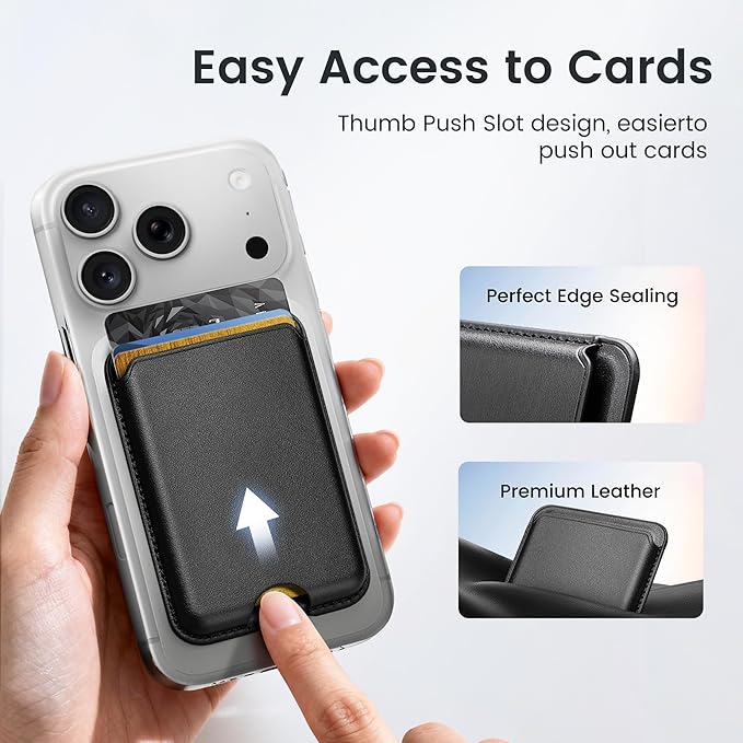 Stronger Magnetic Wallet for iPhone 17/16/15/14/13/12 Series & for MagSafe-compatible Cases, Slim Leather Magnetic Card Holder with RFID Blocking, N52 Magnet Phone Wallet, Fit 3 Cards, Black