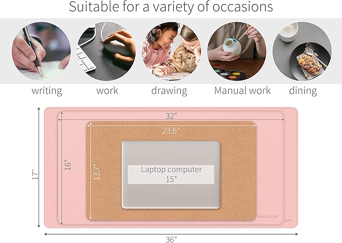 RENMTURE Dual-Sided Mouse Pad, Natural Cork & PU Leather Large Desk Pad for Office and Home Work, Desk Protector Non-Slip, Waterproof, Easy Clean (Pink, 36"x17")