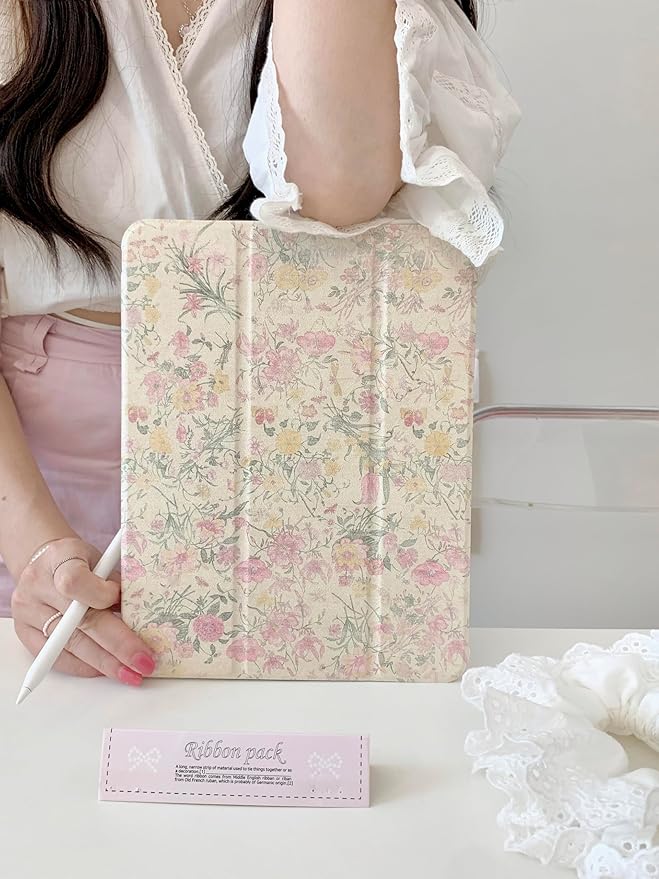 Adjustable Stand Hard PU Clear Back Folio Case for Apple Flowers Floral Pattern Refreshing Classic Vintage Pretty Chic Cute Lovely Girls Women (for iPad mini 6 8.3-inch 6th Generation 2021)