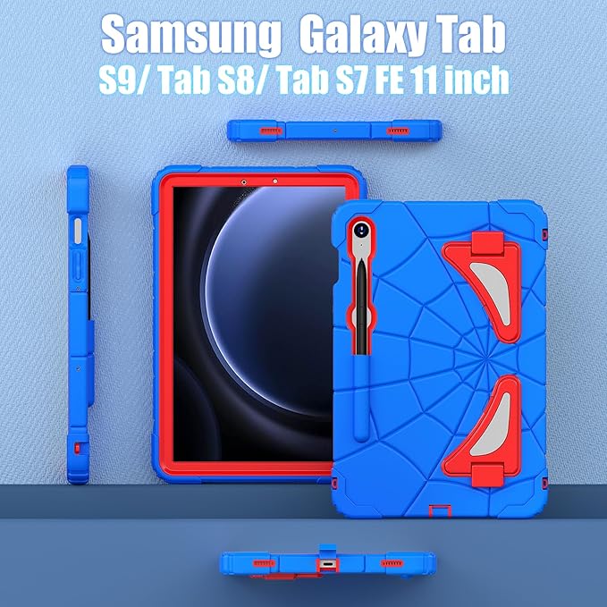 AKABEILA Compatible with Samsung Galaxy Tab S7/S8/S9/S9 FE 11 inch(2023) Tablet Case，Lightweight Shockproof Rugged Protective Cover with Kickstand for Kids Children Boys Babies Blue Red