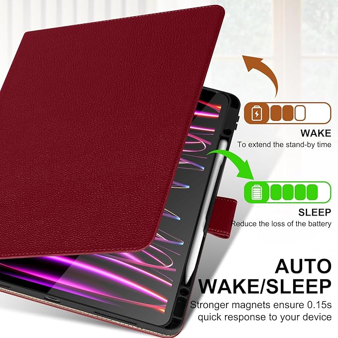 Genuine Leather Case for iPad Pro 13 inch (M5/M4) 2025/2024 with Pencil Holder | Slim Protective Cover with Adjustable Stand,Magnetic Closure,Auto Wake/Sleep, Premium Leather | Wine Red