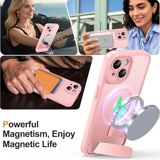 Magnetic Compatible with iPhone 15 Case, [Built-in Invisible Kickstand][Compatible with MagSafe][Full Camera Protection] Translucent Matte Phone Case for iPhone 15 6.1" Pink