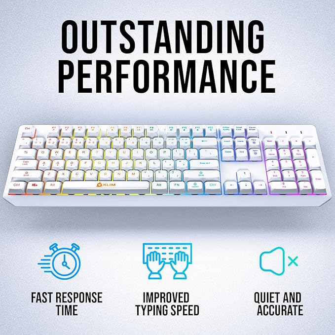 KLIM Chroma White Wireless Keyboard – RGB Backlit, Rechargeable Battery, Wireless Keyboard with Water-Resistant Durable Design, Compatible with PC, Mac, PS4, PS5