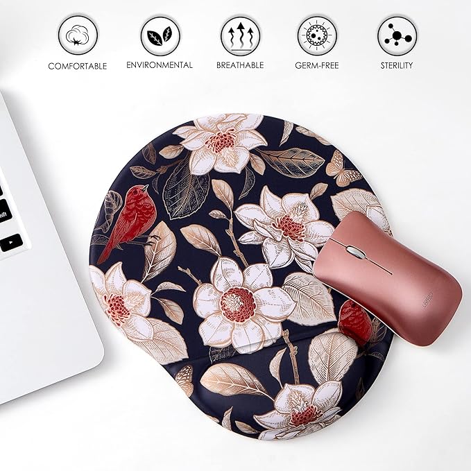 Ergonomic Mouse Pad with Wrist Support,Cute Mouse Pads with Wrist Rest,Comfortable Mouse Pad for Home Office Gaming Working Computers Laptop,Pain Relief with Non-Slip PU Base (Gold Floral)