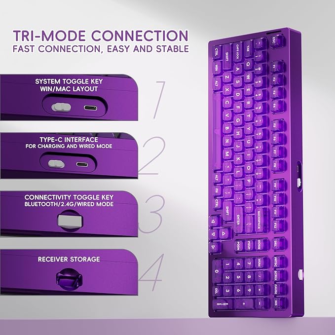 kutethy KY98 Wireless Mechanical Keyboard with Transparent Keycaps,Full Aluminum CNC,Hot-swappable,Pre-lubed Linear Switches,Gasket Structure,RGB Backlit,OLED Screen,BT5.0/2.4G/USB-C Wired (Purple)