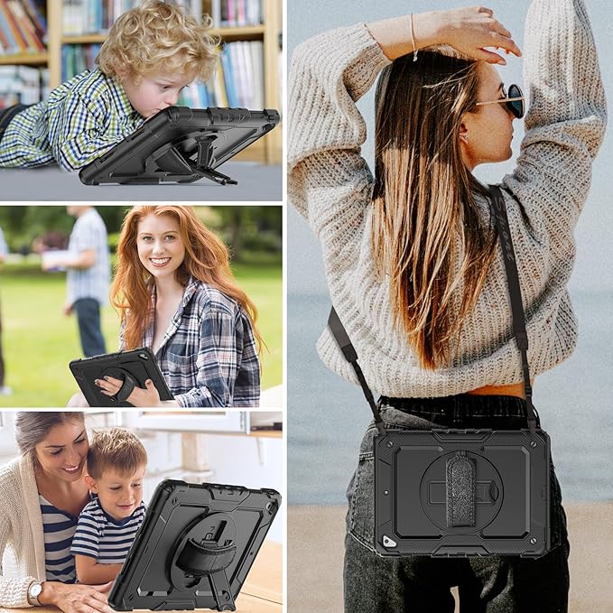 HXCASEAC Rugged Case for iPad Pro 9.7, iPad Air 2, 9.7 inch, Full Body Protective Design with Pencil Holder, Built-in Screen Protector, Rotating Stand, Hand Strap, for iPad Air 2 Hard Case (Black)