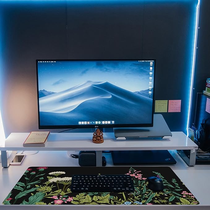 Large Gaming Mouse Pad for Desk,Wildflowers Night Desk Mat,Wild Floral Flower Desk Pad,Extended Big Computer Keyboard Mouse Pad with Non-Slip Base and Stitched Edge,35.4"x15.7"